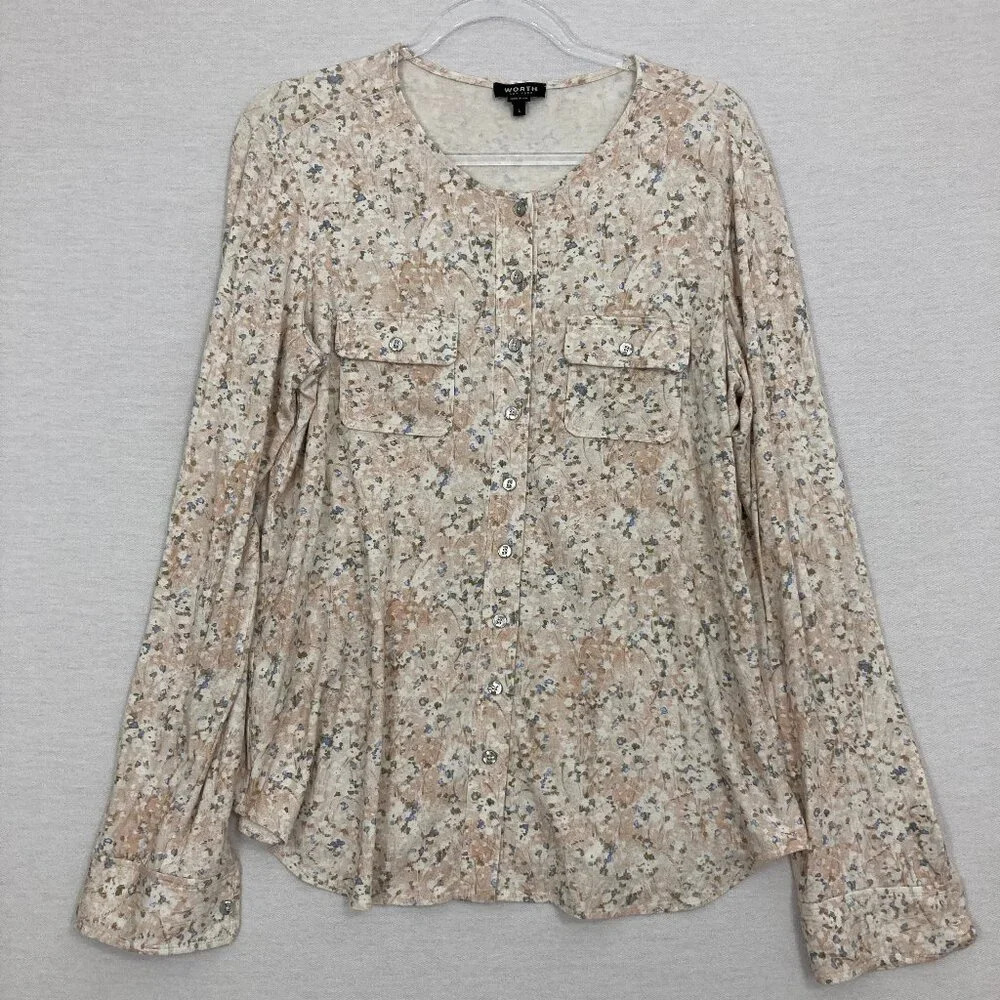 Worth New York Ditsy Floral Button Popover Soft Stretch Long Sleeve Top Large
